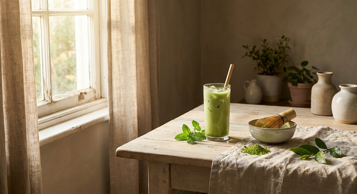 Jeges matcha bambusz habverővel és élénkzöld porral