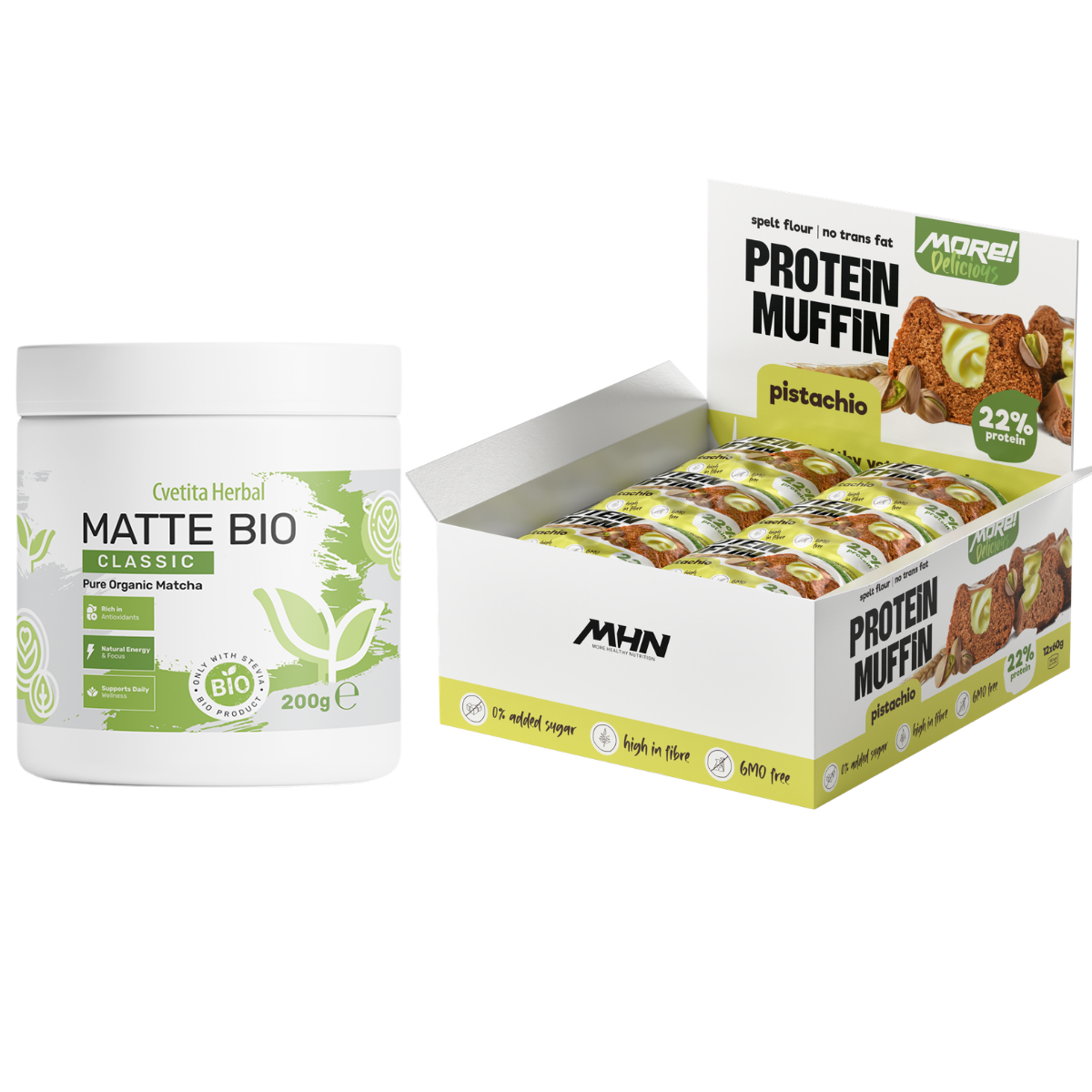 Matte Bio (BIO MATCHA LATTE) + Doboz pisztácia ízű fehérjés muffin MHN